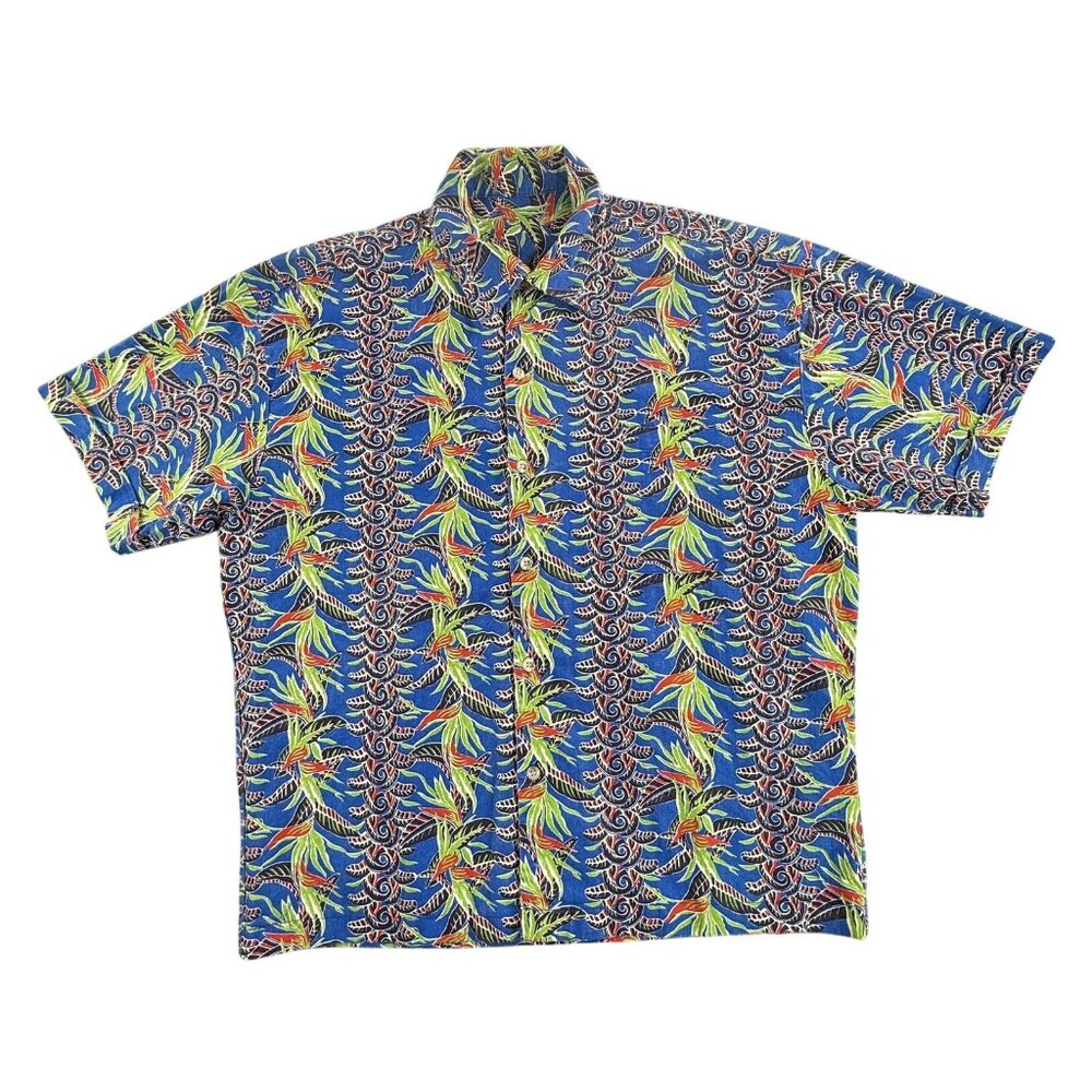 B.B.K. Shirt Mens Large Blue Tropical Floral Button Up Hawaiian Short Sleeve